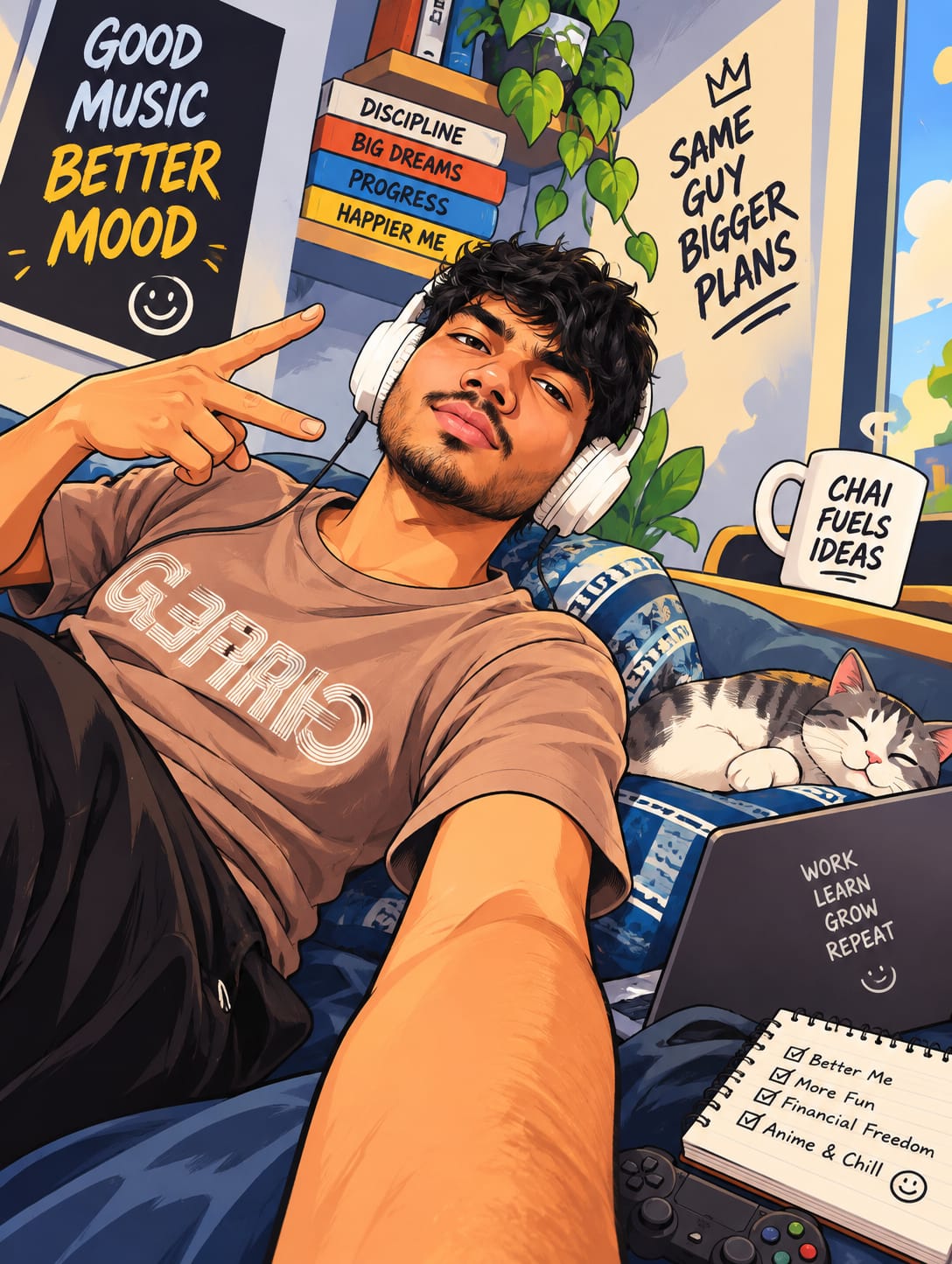 Illustration of Kaushik relaxing with headphones, a cup of chai, a laptop and a sleeping cat